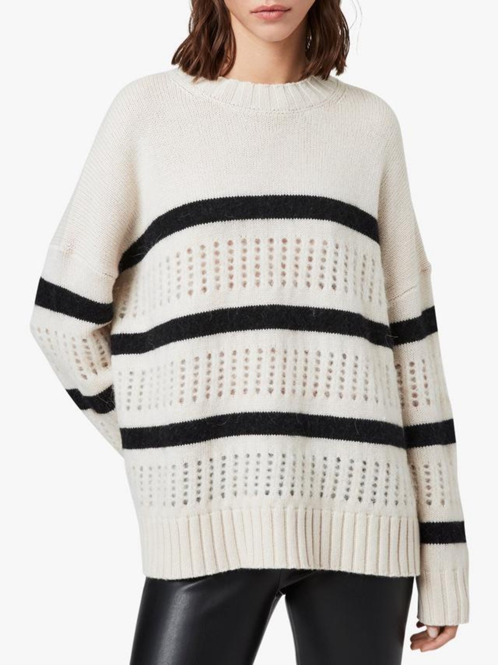 All Saints Siddons Stripe Open Stitch Jumper, Ecru/Black